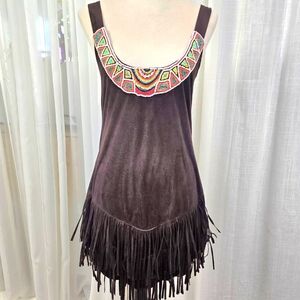 Dreamgirl Brown‎ Faux Suede Beaded Mini Dress Womens Size XL Fringe Festival